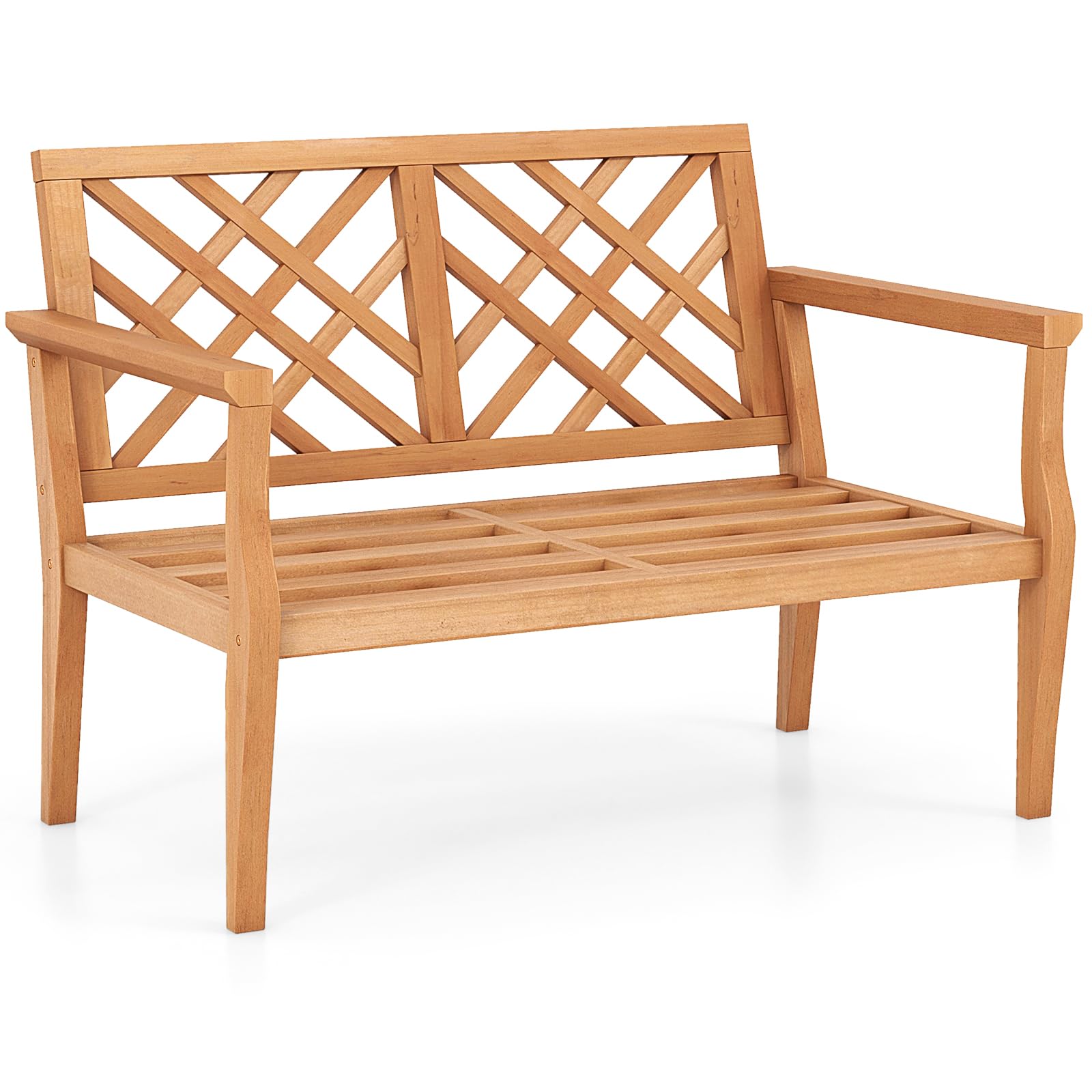 Banc de jardin extérieur Tangkula, banc en bois de teck pour 2 personnes avec accoudoirs confortables et dossier, assise à lattes